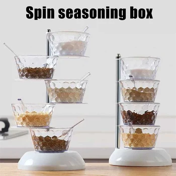 

Creative Vertical Spice Box Herb Spice Container Rotating Tower Design Kitchen Seasoning Box with Spoon for Storage Space Saving