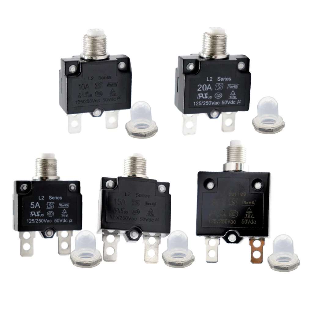 5 Pieces 5/10/15/20/30 Amp Push Button Circuit Breakers with Waterproof Button Transparent Cover, DC 50V AC 125-250V