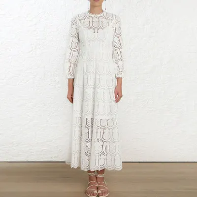 

Banulin Autumn and Winter New White Women Lace Dress Lantern Long Sleeves Round Neck Women Chic Dress Runway Long Dress