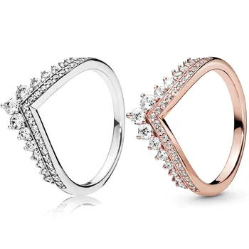 

Original 925 Sterling Silver Princess Crown Ring V-shapet water droplets couple Lovers Wedding Engagements Rings Holiday Gifts