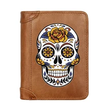 

Luxury Vintage Brown Skull Symbol Genuine Leather Wallet Classic Men Business Pocket Slim Card Holder Male Short Purses Gifts