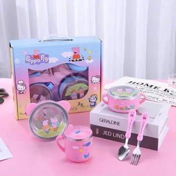 

Peppa Pig Tableware Spoon Cross Fork Soup Spoon Set Baby Food Supplement Stainless Steel Bowl With Lid Combination Set Toys