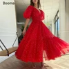 Booma Sparkly V-Neck Red Prom Dresses Puff Sleeves A-Line Short Evening Dresses Starry Tulle Tea-Length Formal Party Dresses ► Photo 1/5