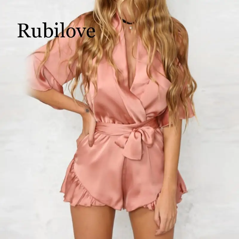 Rubilove летняя атласная пижама с оборками Элегантный женский комбинезон Глубокий v-образный вырез короткий рукав сексуальный комбинезон с бантом пляжные комбинезоны