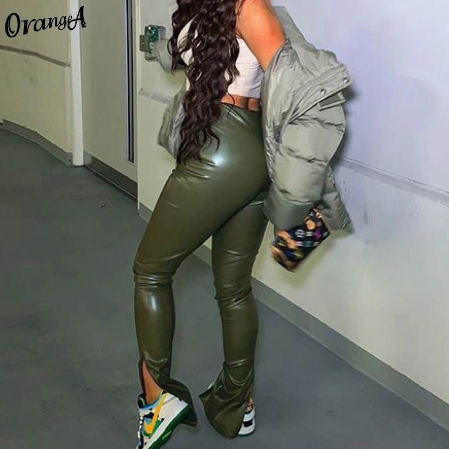 OrangeA-pantalones pitillo de piel sintética para mujer, pantalón elegante, con abertura lateral, cintura alta, color liso, para verano, 2021