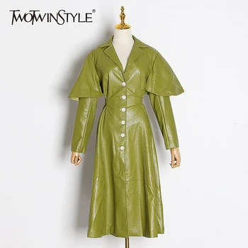 

TWOTWINSTYLE Vintage PU Leather Windbreakers For Women Lapel Collar Long Sleeve High Waist Trench Coats Female Fashion Clothing