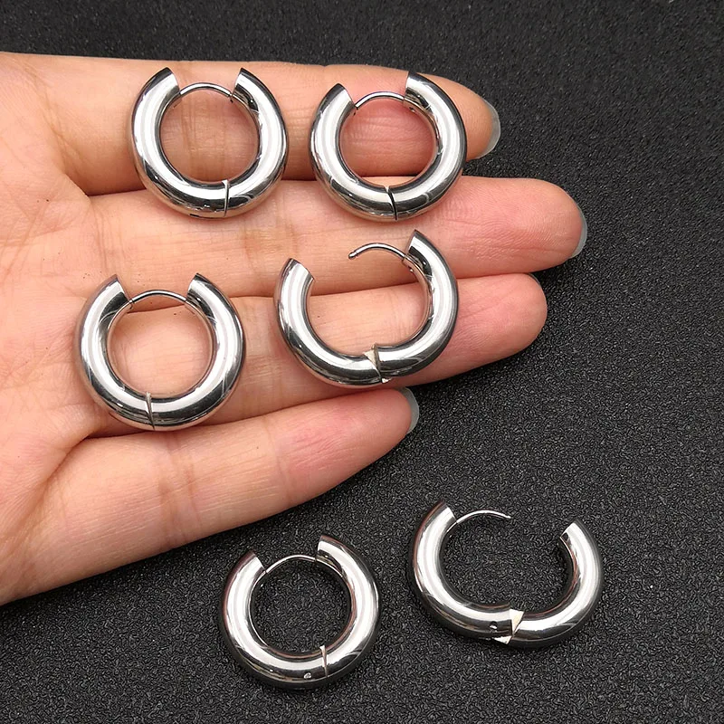 6pcs/lot Thick 3.0mm 4.0mm 5.0mm Stainless Steel Circle Hoop Earrings For Women Girls Gold Silver Color Round Geometry Earrings 4