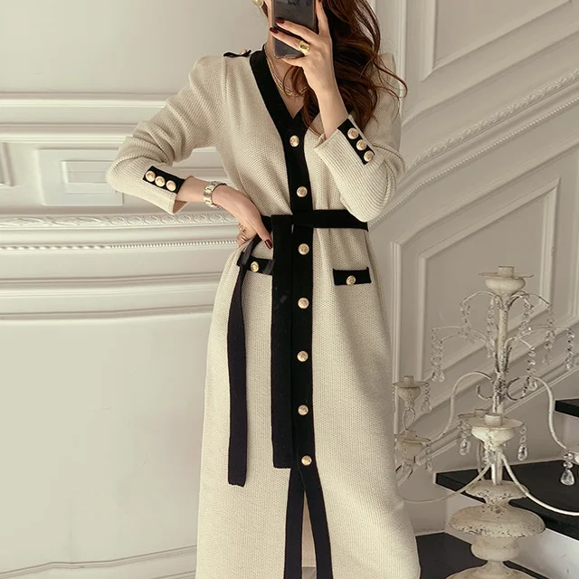 Korean Chic French Dress V-neck Dress Woman Lace Contrast Color Chic Single Breasted Tie Waist Cardigan Knitted Dress 3