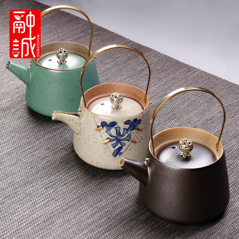 Antique teapot girders pot ceramic retro tea maker household copper single pot tea kettle Japanese Kung Fu tea set