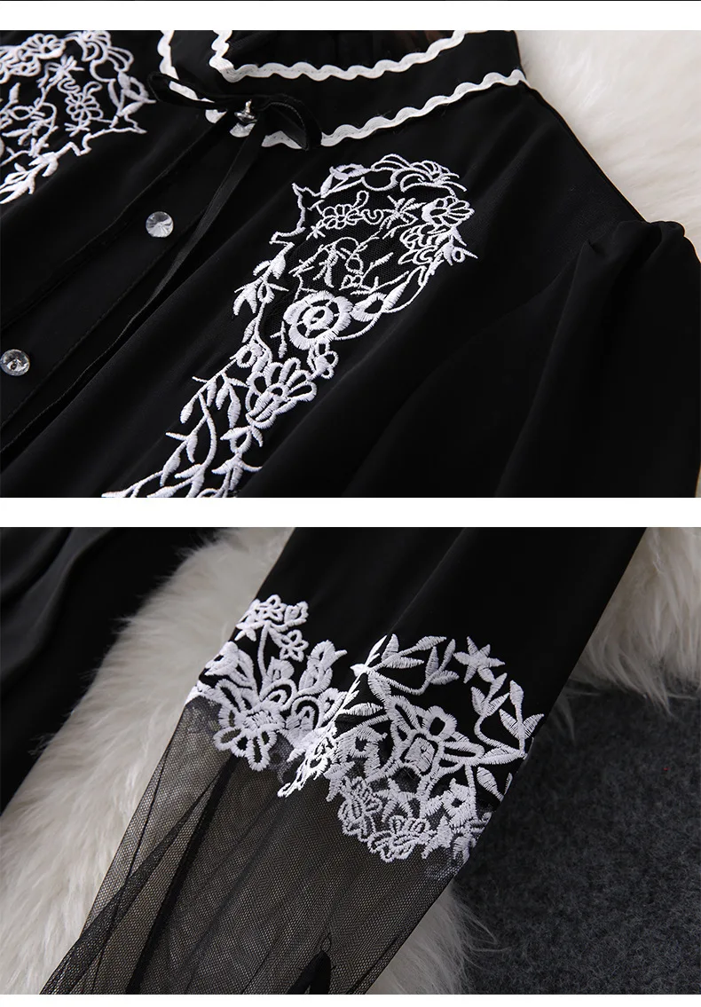 VERDEJULIAY Подиум черное платье женское зима осень мода дизайнер цветок вышивка, рукав-фонарик миди плиссированное платье
