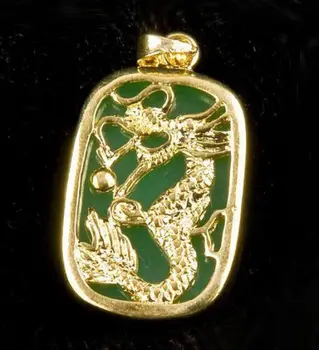 

Emerald Green Jade Yellow Gold Plated Dragon Tablet Pendant and Necklace