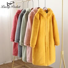 Зимняя Женская Толстая теплая длинная куртка с капюшоном из искусственного меха, Женская Высококачественная пушистая шуба из кроличьего меха, большие размеры, свободные парки Z1012