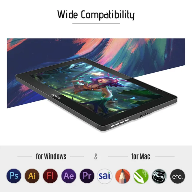BOSTO 16HD IPS HD Graphics Drawing Digital Tablet Monitor Pen Display with 8 Shortcut Keys & 8192 levels Rechargeable Stylus Pen 3