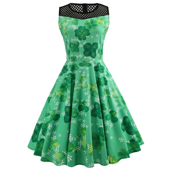 

Women Vintage Dress 50s 60s Sleeveless Net Yarn Hollow Out Robe Summer Retro Dress Clover Floral Print A Line Party Dresses