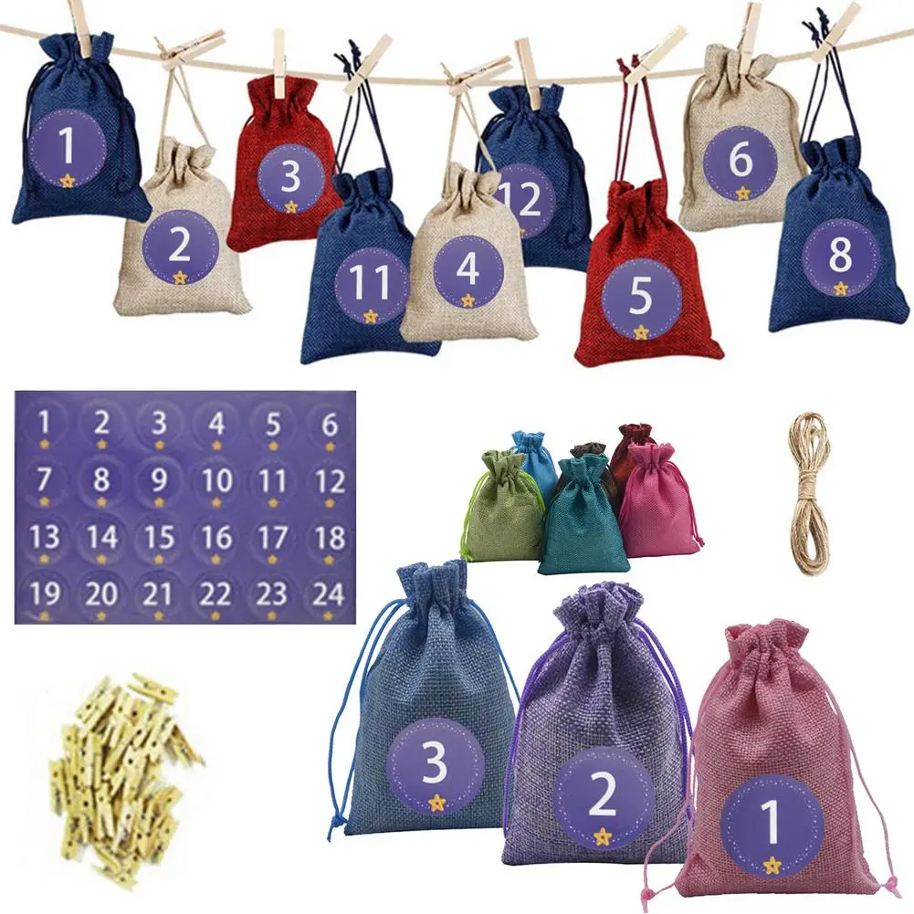 

24 Days Christmas Advent Calendar BagsAdvent Calendar Gift Bags DIY Set Paper Stickers DIY Christmas Embellishments With Clips