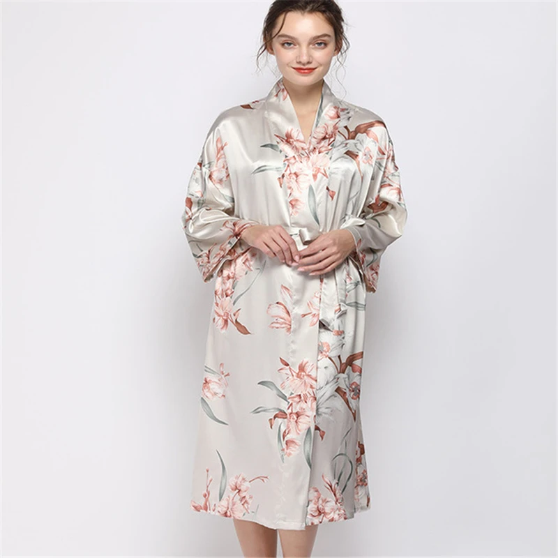 

Fresh Flower Silk Kimono Robe Women Satin Bathrobe Night Sexy Robes Night Grow For Home Sleep Mid-length Robe Dressing Gown