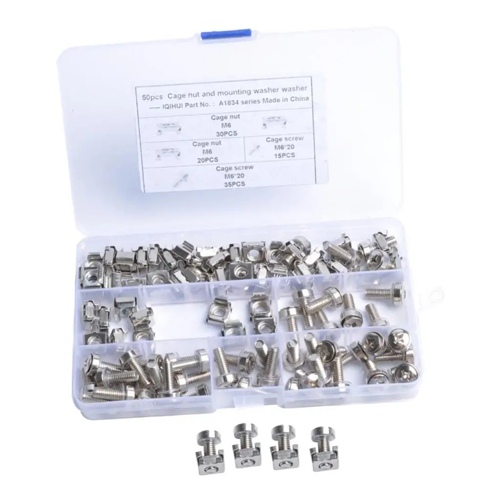 50 Pack Lot - M6*20 Rack Mount Cage Nuts & Screws w/ Washers - Square Clips