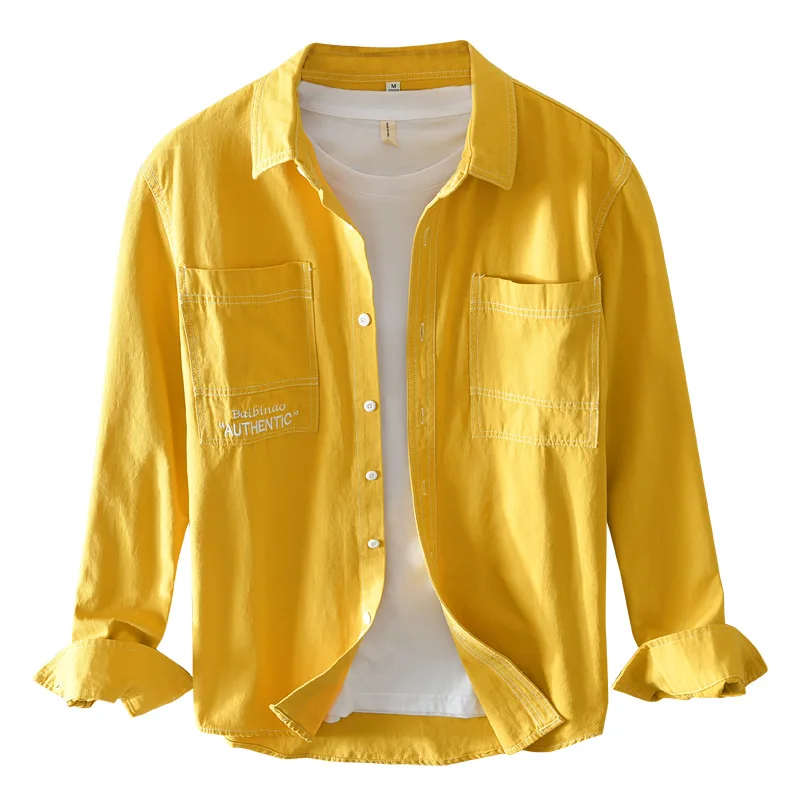 

2020 New Arrival Casual Shirts Full Turn-down Collar Japan Style Regular Solid Single Breasted Shirt Vintage Men Yellow Shirts