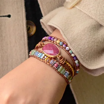 

BOHO Leather Bracelet Red Stone Bracelets Handmade