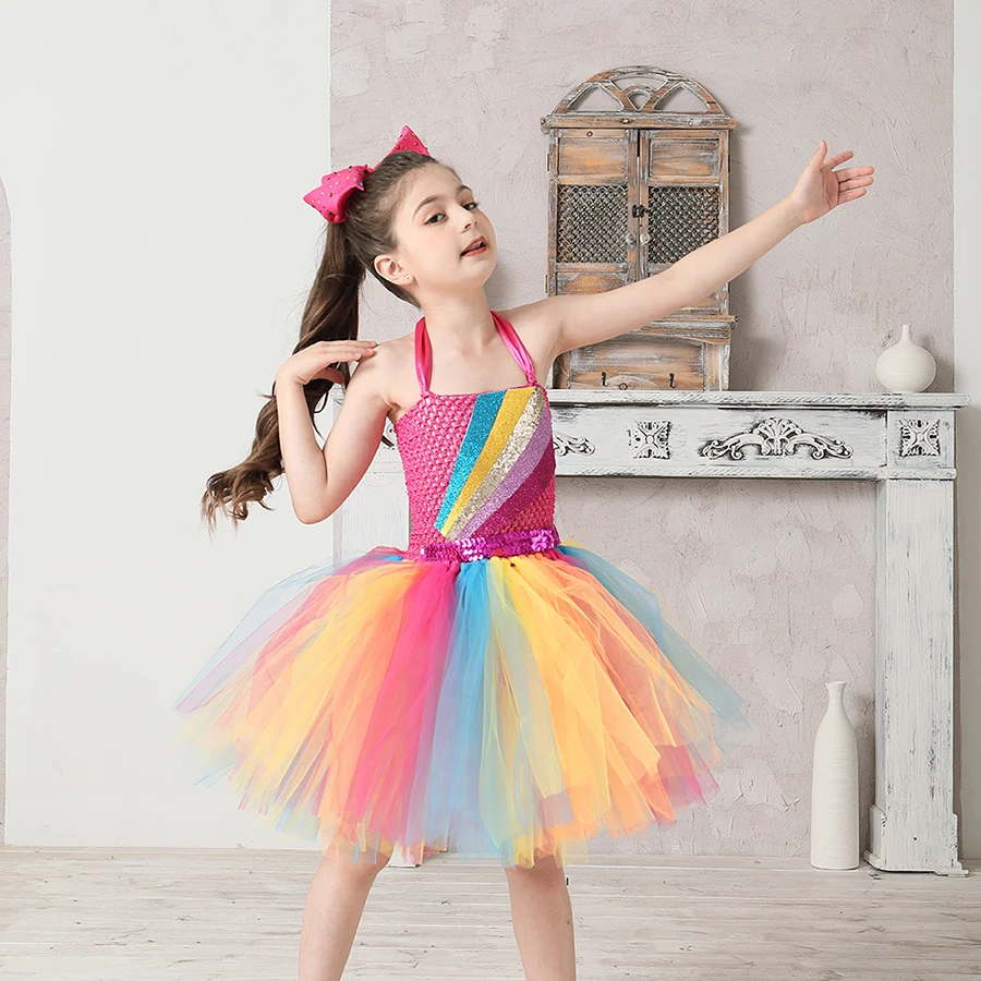 Jojo Siwa Inspired Girls Tutu Dress with Deluxe Bow Sparkly Rainbow Girls Princess Dress Kids Birthday Party Halloween Clothes (29)