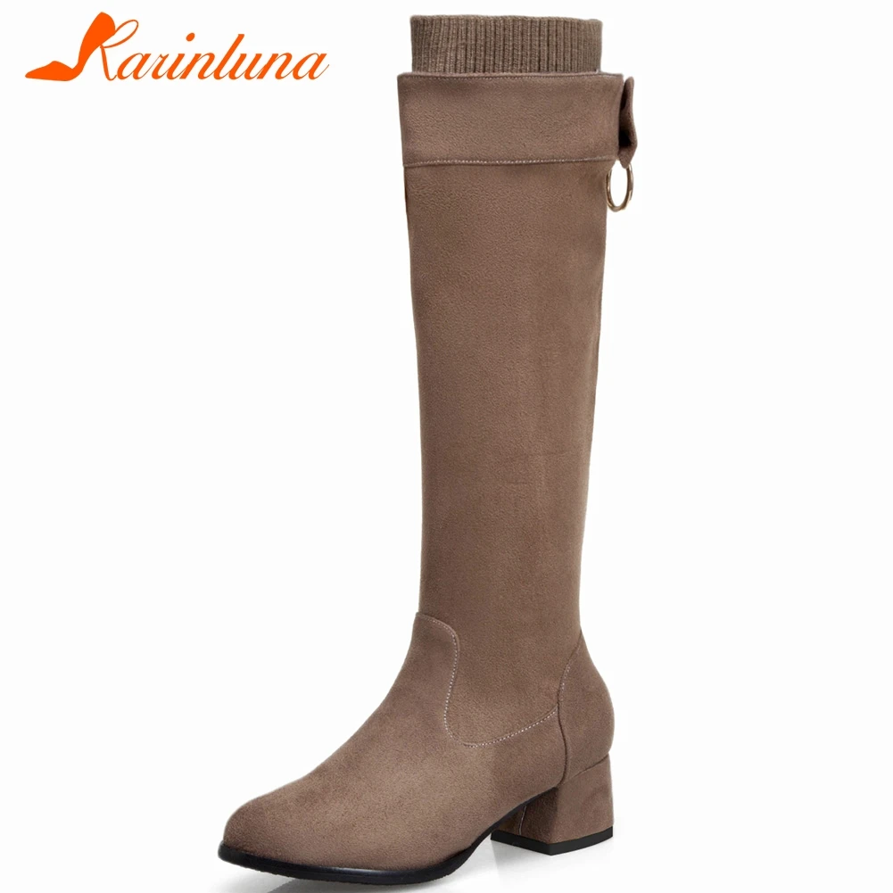 Karinluna/модные ботинки до середины икры с милым бантом, большие размеры 31-43 женская обувь на толстом каблуке без застежки женские ботинки