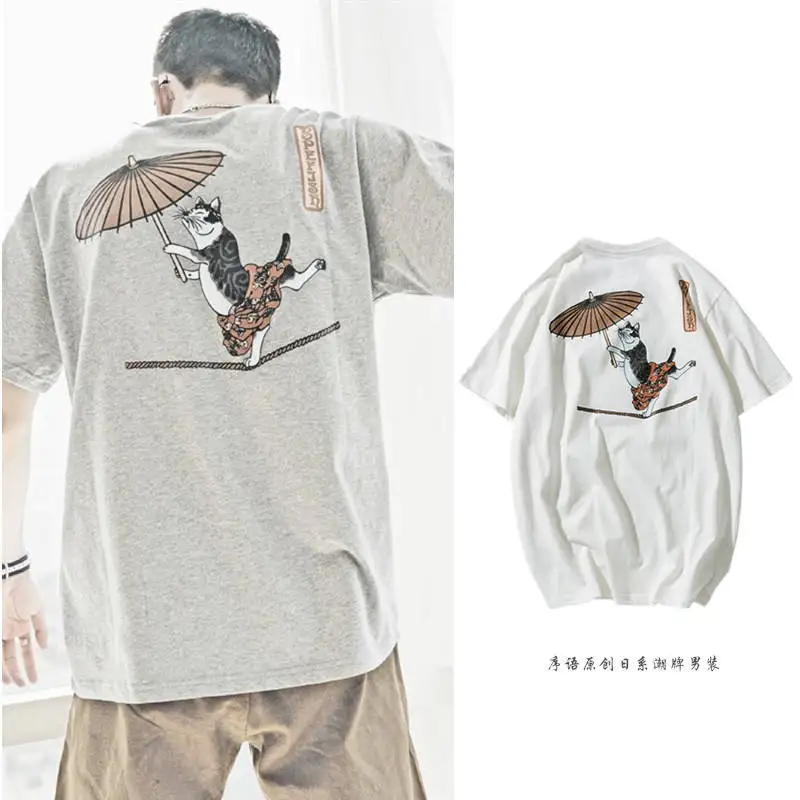 2019 Streetwear Japan Style Ukiyo E Funny Samurai Cat TShirt Mens Short Sleeve T-shirts Casual Hip Hop Print Tees | Мужская одежда
