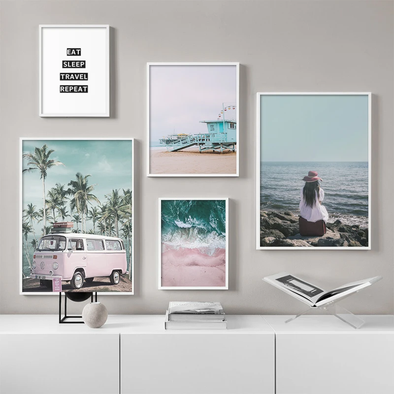 Ocean-Landscape-Canvas-Poster-Nordic-Style-Beach-Pink-Bus-Wall-Art-Print-Painting-Decoration-Picture-Scandinavian (2)