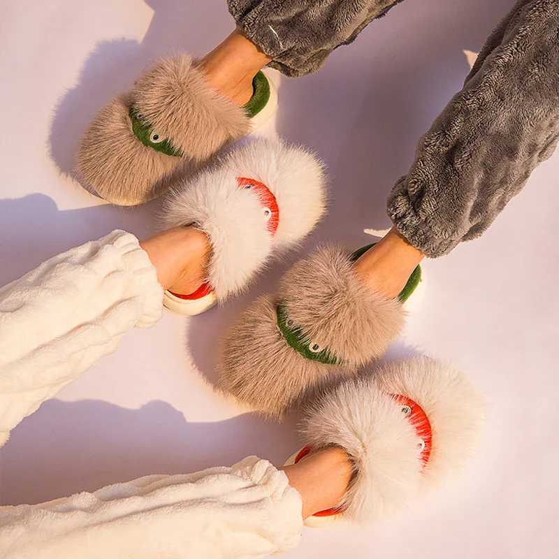 Women Fur Slippers Winter Warm Shoes For Women 3.5cm Heel Platform Shoes Cute Cartoon Plush Home Slippers Indoor Fluffy Slippers