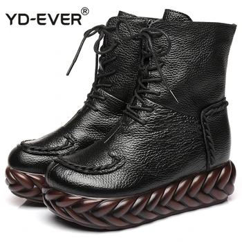 

New Vintage Mother Flat Genuine Leather Ankle Boot for Women Cowhide Lace-Up Winter Warm Shoes Woman Platform Snow Boots