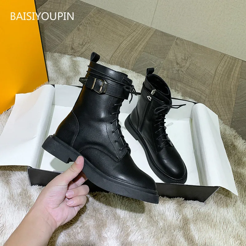 

Solid Casual Winter Fashion Women Booties Martin Boots 2.5cm High Heels Round Toe Belt-buckle Platform Female Shoes Cross-tied