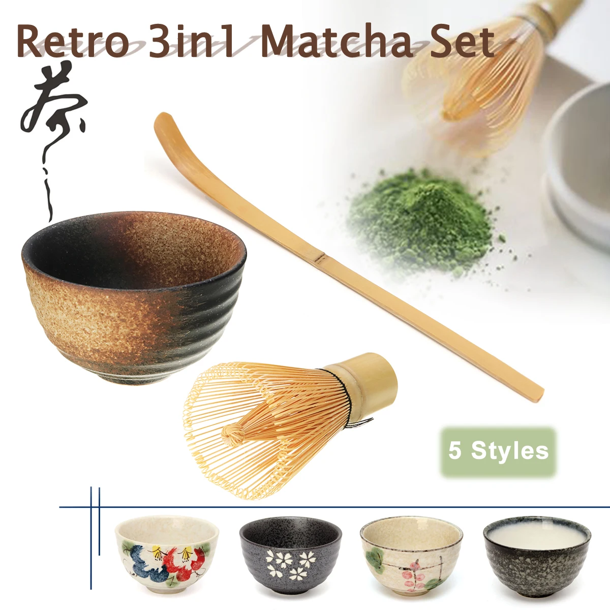 Retro 3in1 Bamboo Chasen Matcha Whisk Chashaku Tea Scoop Matcha Bowl Ceramic Tea Bowl Home Kitchen Tools Set Accessories