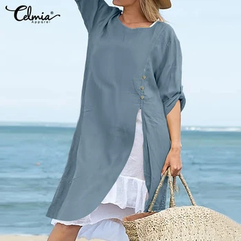 

2020 Celmia Women Retro Linen Dress Autumn Long Shirts Female O-neck Long Sleeve Split Asymmetrical Knee-length Vestidos S-5XL