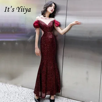 

It's YiiYa Evening Dress Plus Size Mermaid Robe De Soiree Burgundy K138 Shining Sequins O-neck Long Evening Dresses for Women