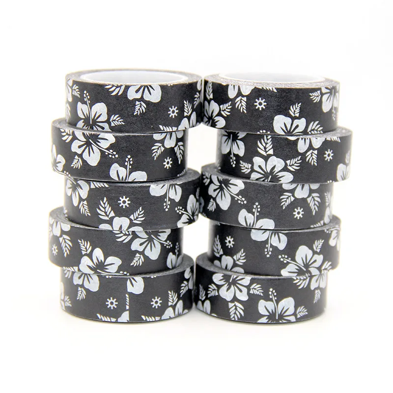 

New 10pcs/set 15MM*10M White Flowers Leaves Black Washi Tape washi stickers DIY Scrapbooking Masking Tape School Office Supply
