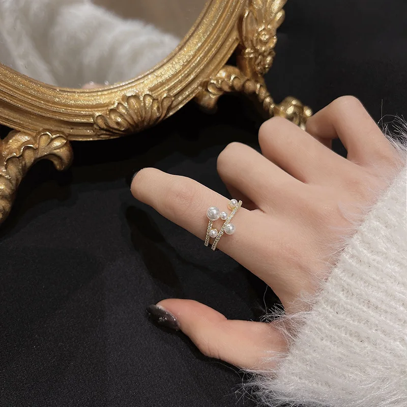 Opening Ring Finger Ring Jewelry Accessories Geometric irregular metal design Luxury pearl Open ring women European Trend jewelry girl gift accessory