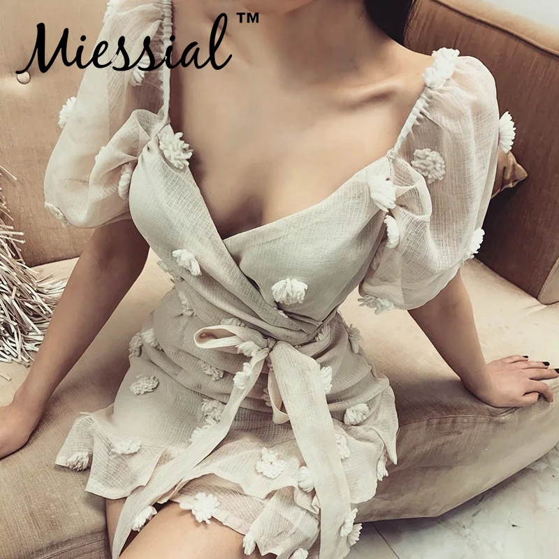 Miessial абрикосовое с пышными рукавами Сетчатое винтажное короткое платье женское