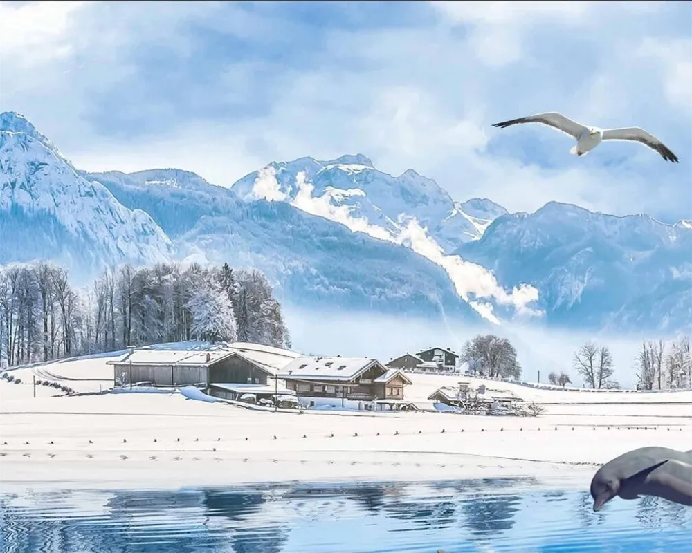 Настенные 3D обои на заказ HD фотообои с изображением лебедя озера снега гор