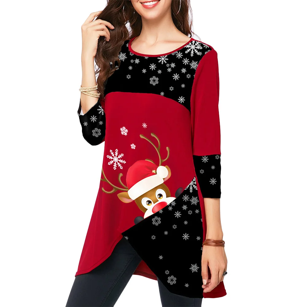 Рождественская женская футболка, топы с принтом, Рождественская женская футболка с длинными рукавами и круглым вырезом, Женская Праздничная блузка с неровным подолом, костюм D30