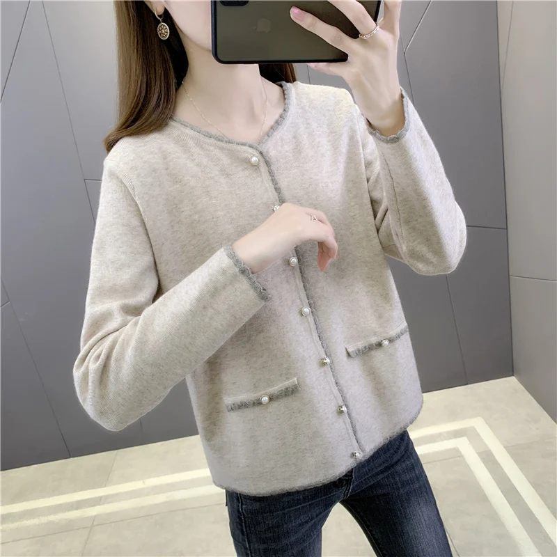 

21158 (under No. 4, row 5, room 4) real shooting Round Neck Lace Collar fake pocket knitted cardigan 49