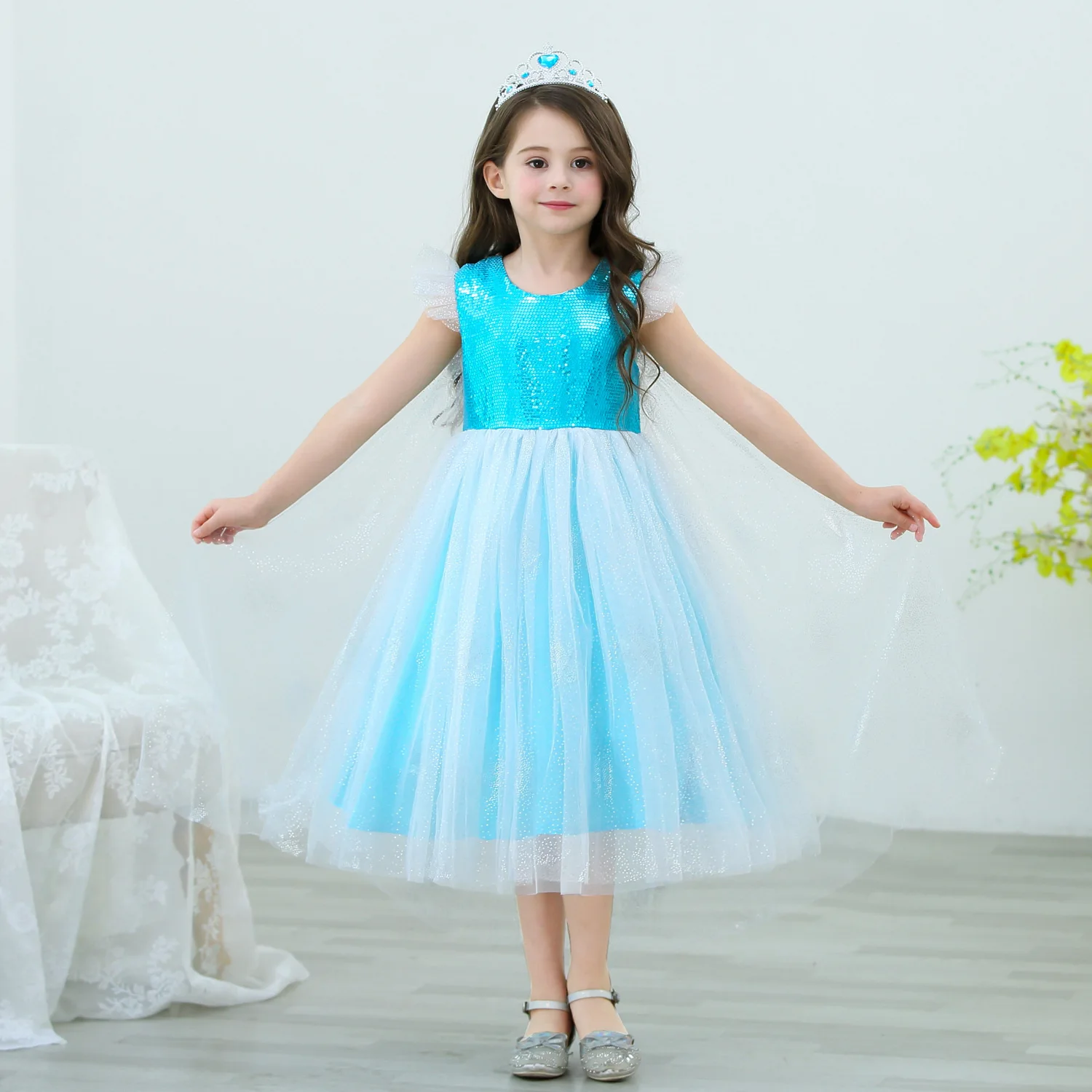 Маскарадный костюм Эльзы для маленьких девочек; платье принцессы Эльзы с длинной накидкой на Рождество, день рождения, Хэллоуин; нарядное платье Снежной Королевы