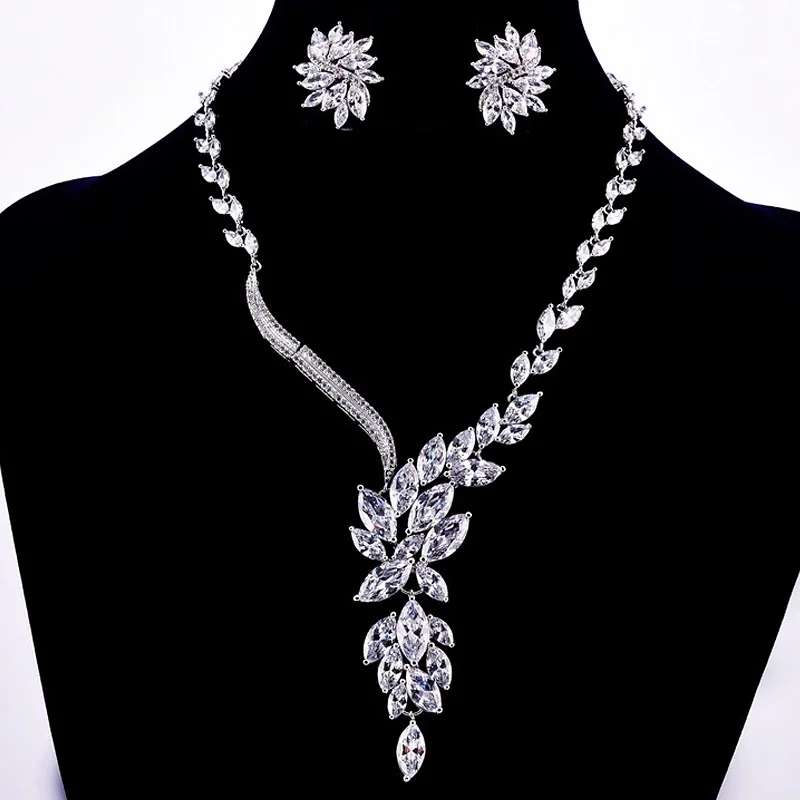 AAA+ Качество Изысканный 925 Серебряный Синий Кубический Цирконий ожерелье и серьги свадебные наборы для женщин модные украшения для ужина набор - Окраска металла: White
