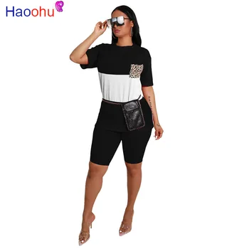 

Leopard Pocket Causal Two Piece Set Women Clothes Round Neck Short Sleeve Loose T-Shirt and Biker Shorts Summer Matching Suit