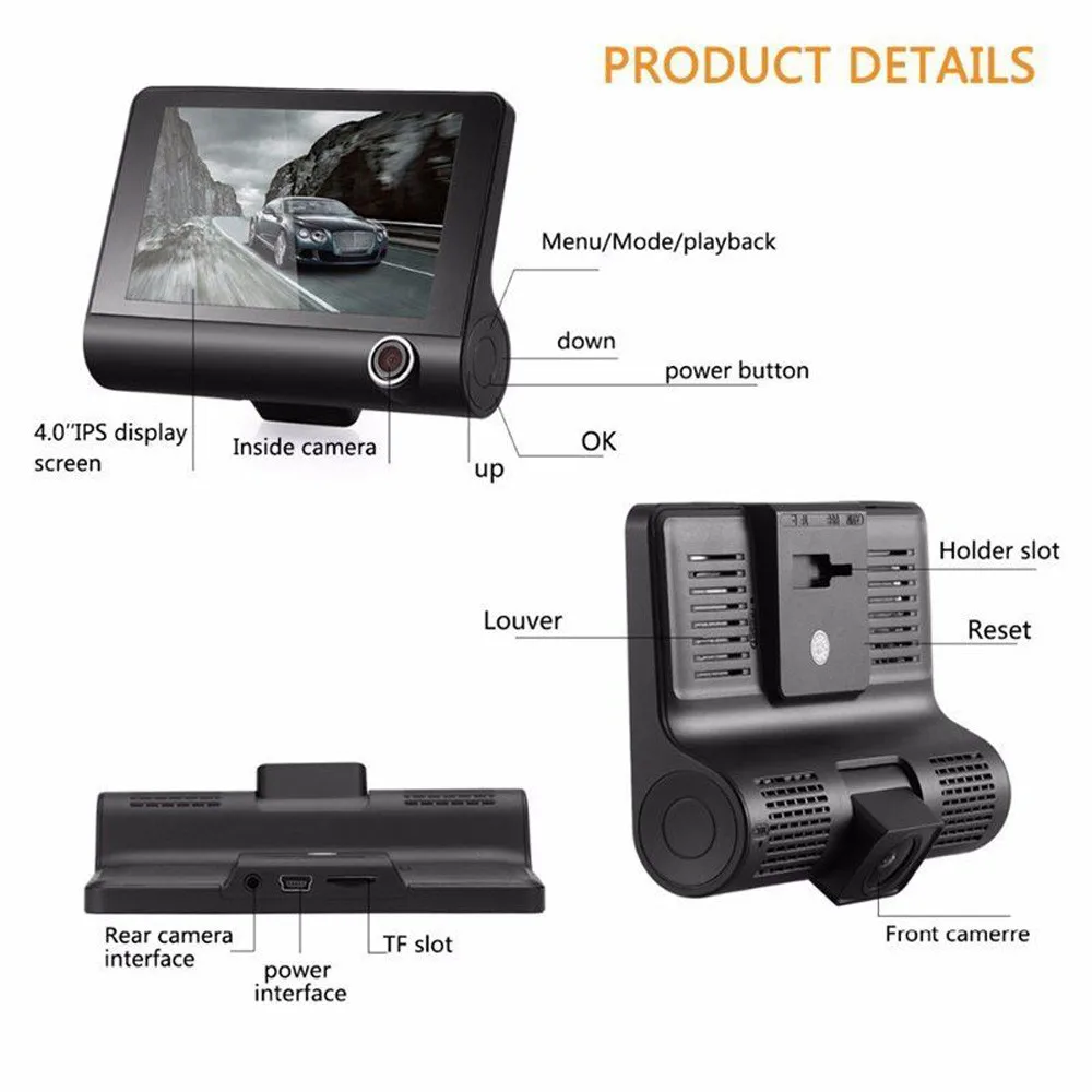 Автомобильный видеорегистратор с 3 объективами камеры 4,0 дюймов, видеорегистратор, видеорегистратор, Автомобильный регистратор, двойной объектив с камерой заднего вида, видеорегистратор