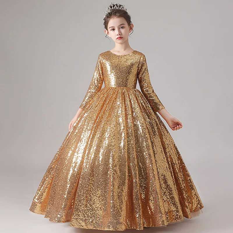 Платье для первого причастия для девочек, vestidos de fiesta de noche, украшенное золотыми блестками, вечерние бальные платья принцессы, одежда для девочек на свадьбу