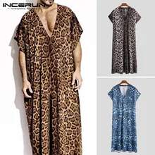 Модные мужские халаты с леопардовым принтом, короткий рукав, v-образный вырез, свободная одежда для сна, домашняя одежда, повседневные мужские халаты, мусульманский кафтан INCERUN