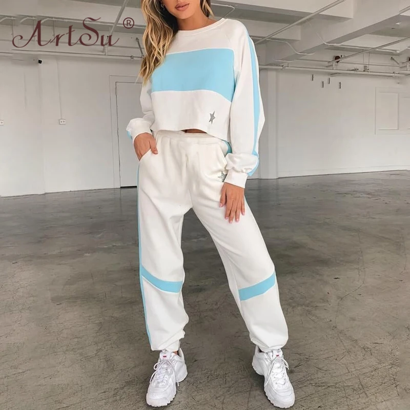 

ArtSu Women's Tracksuits 2 Piece Set Cropped Sweatshirt And Long Pants Sports Suit Autumn Striped Casual Ladies White Hoodie Set