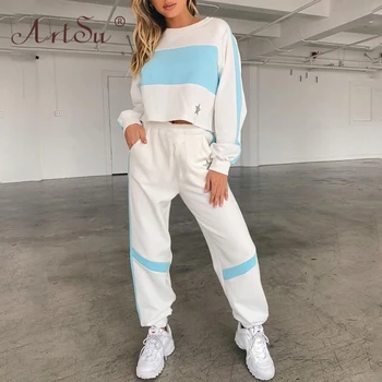 

ArtSu Women's Tracksuits 2 Piece Set Cropped Sweatshirt And Long Pants Sports Suit Autumn Striped Casual Ladies White Hoodie Set