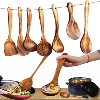 

7pcs/set Teak natural wood tableware Long Rice Colander Soup Skimmer Cooking Soup Spoons Scoop Kitchen Tool Set
