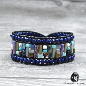 

Women Men Emperor Stone Lapis Lazuli 4mm Cube Tube Beads Bracelet Genuine Leather Weave Natural Stone Wristband Vintage Jewelry