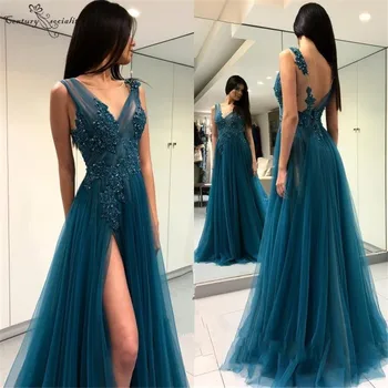 

Sexy Backless Evening Dresses 2020 Lace Appliques Beaded Side Split Sheer O-Neck Cheap Formal Gowns Prom Dresses Robe De Soiree